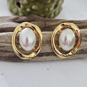 Oval Faux Pearl Gold-Tone Pierced Earrings.